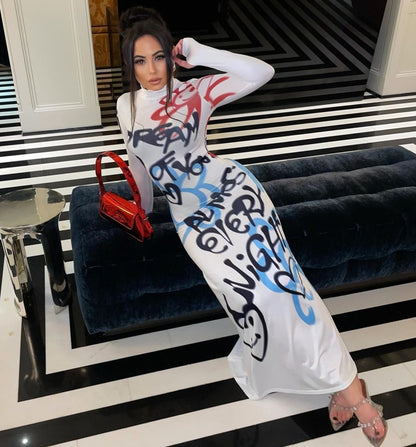 graffiti print bodycon dress Raised On Hip Hop Long Sleeve Bodycon Dress Graffiti Art Style by African Pride