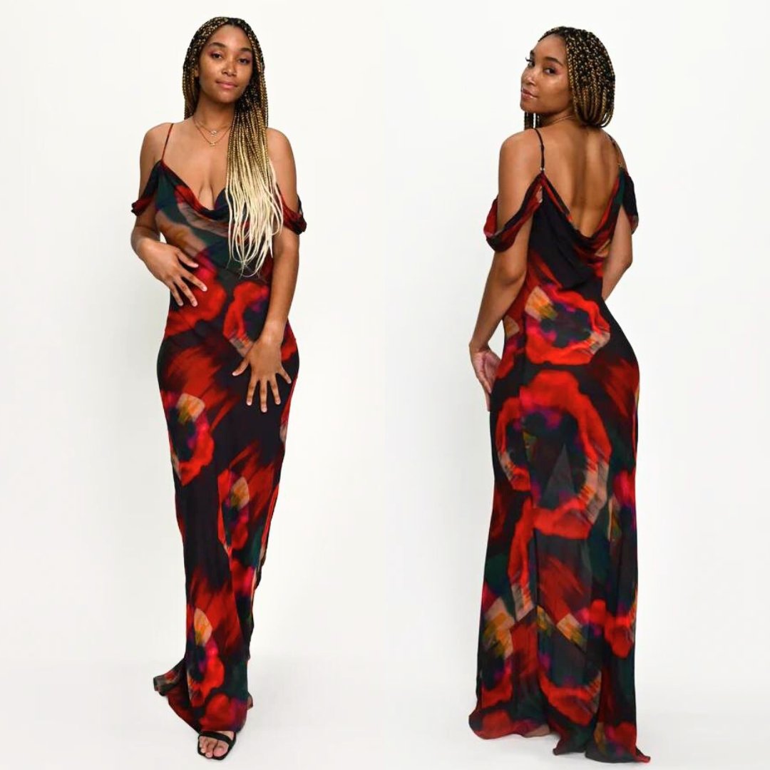 BLACK MAXI DRESS WITH RED ABSRTACT PRINTS AND COLD SHOULDERS