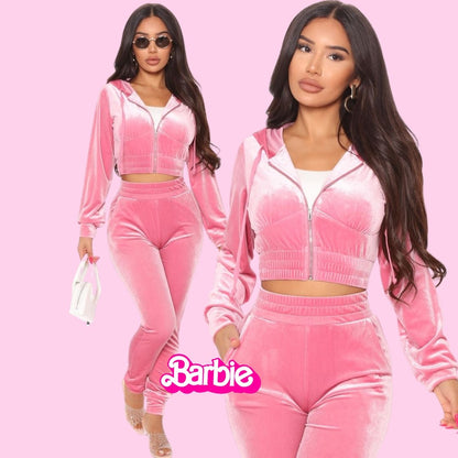 barbie pink co ord with a hooded cropped jacket and matching track pants