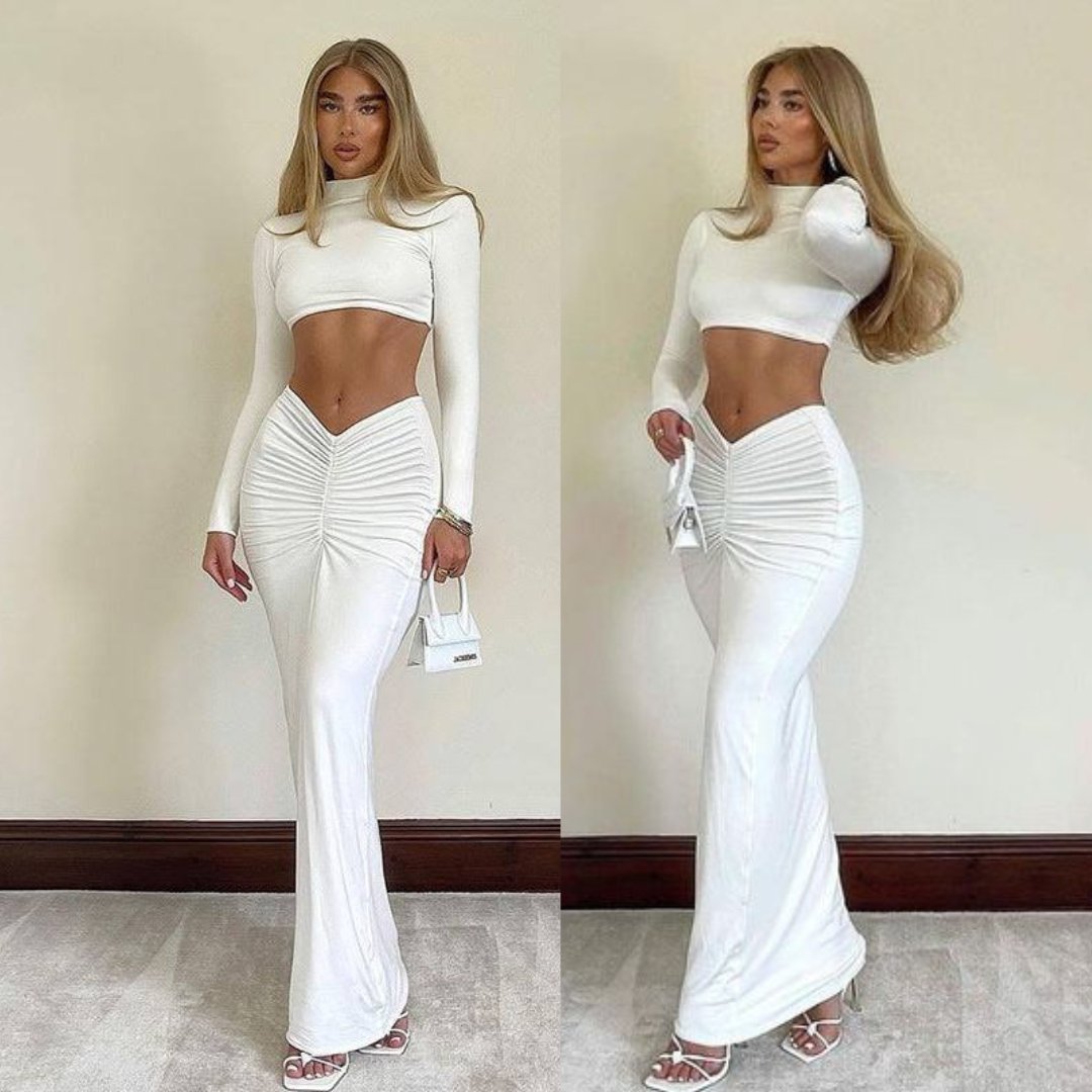 white co ord with full sleeves top and bodycon skirt