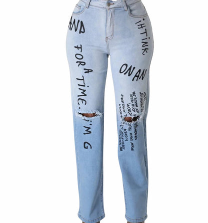 LETTER PRINT HIGH WAISTED JEANS