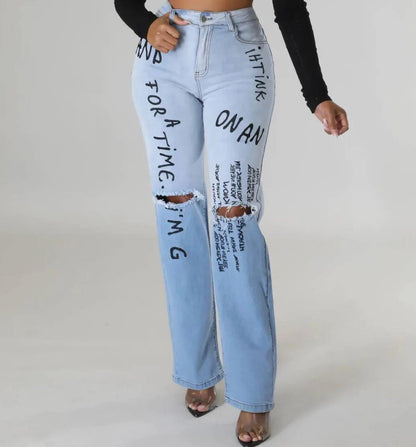 LETTER PRINT HIGH WAISTED JEANS