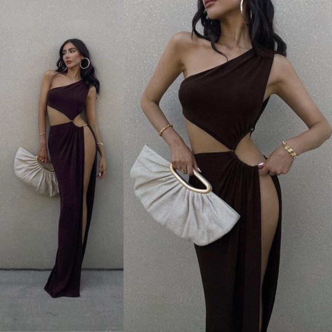 One shoulder maxi dress with a long sexy slit and cutout ring detal