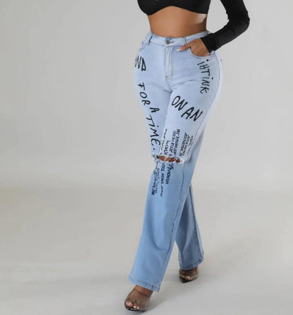 LETTER PRINT HIGH WAISTED JEANS