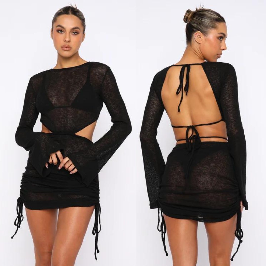 See through mesh beach cover up with with open sides and knot detail. black color