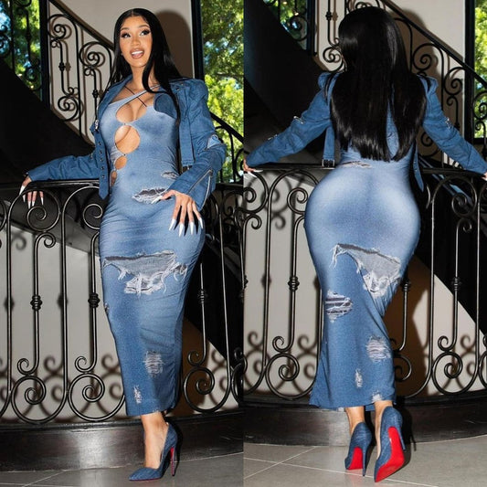 cardi b inspired bodycon denim print dress