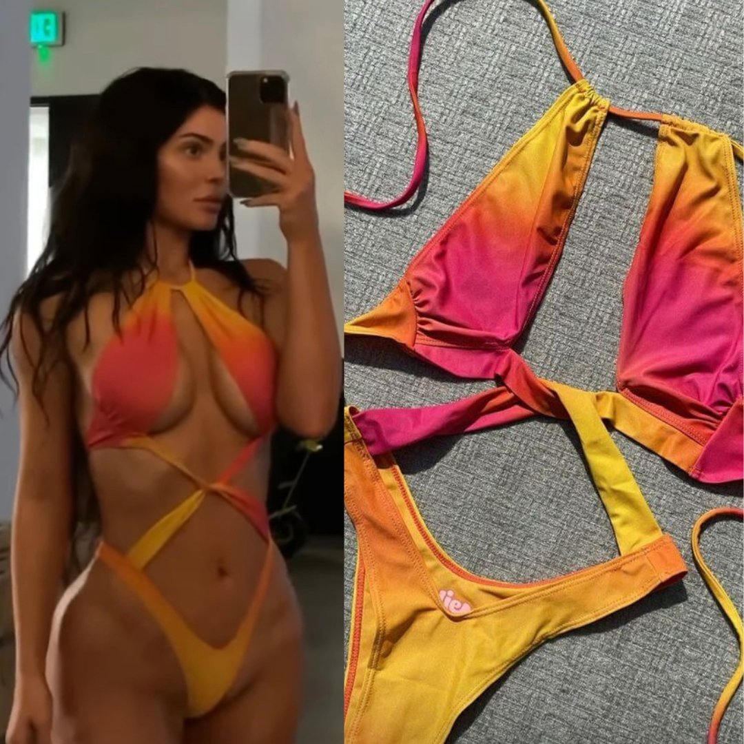 kylie jenner inspired pink and orange swimsuit with a halterneck and criss-cross detail in the front