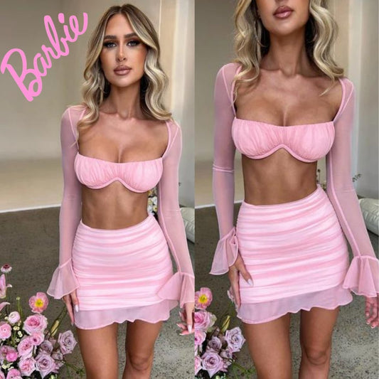 pink barbie two piece co ord with full sleece bustier cropped top and mini ruched skirt